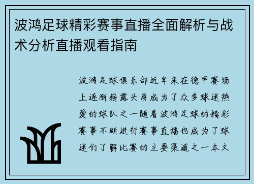 波鸿足球精彩赛事直播全面解析与战术分析直播观看指南